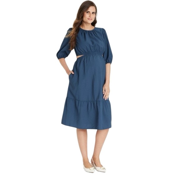 Isabel Maternity Elbow Sleeve Cut Out Woven Midi Maternity Dress Ingrid Isabel S - Picture 1 of 15